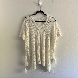 Cream Open Knit Oversized Ruched Side Poncho Tassels Boho Womens Size XL